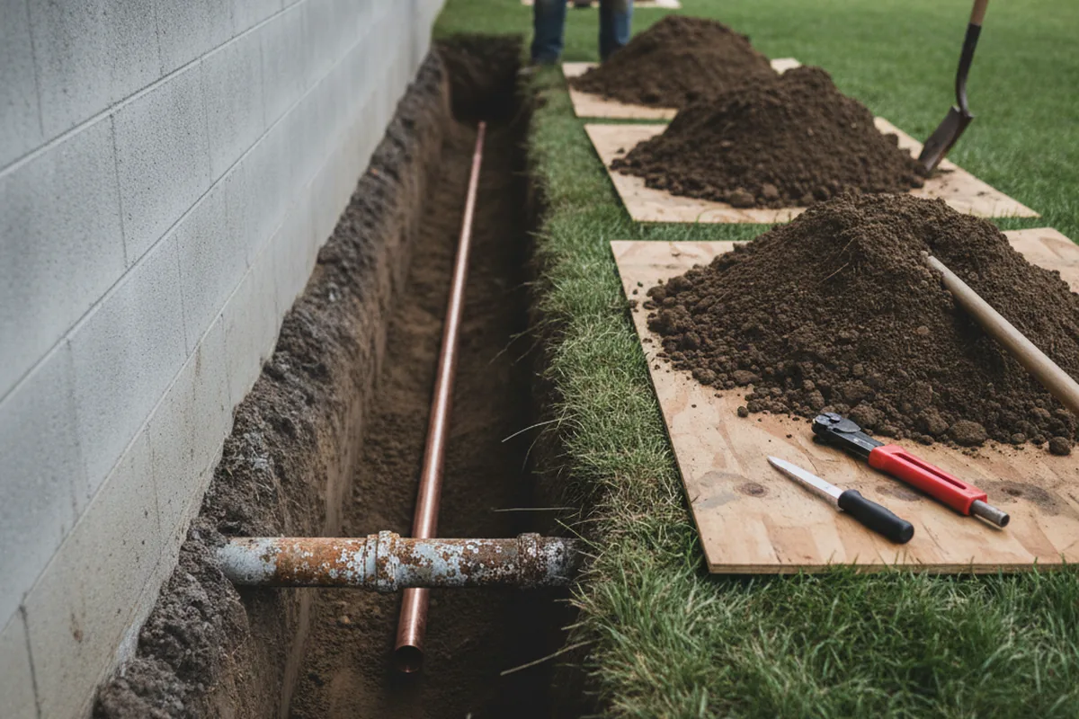 Excavated water line trench during Water Softener Installation in Saint Helena Island